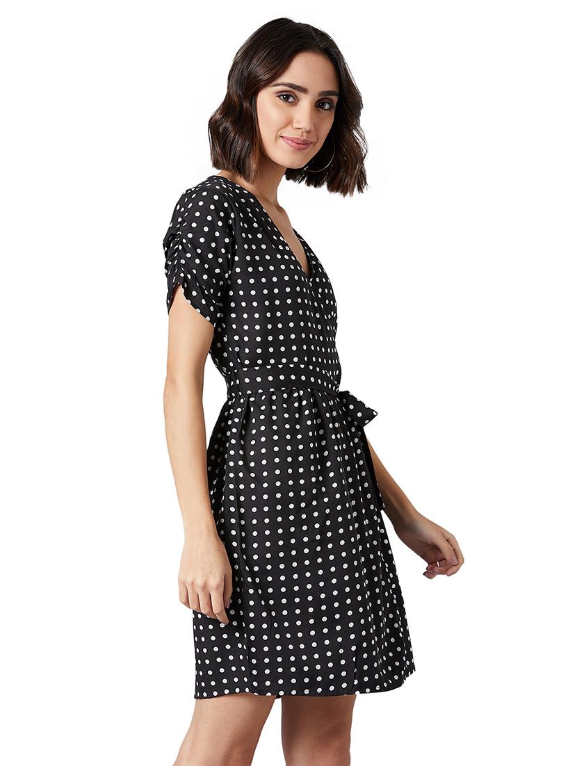 polka printed ruched short sleeved a-line dress - 18453622 -  Standard Image - 1