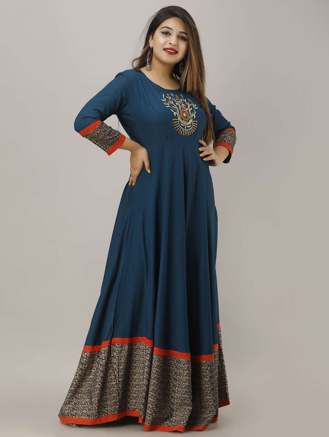 Teal Embroidered Flared Gown - 18454348 -  Standard Image - 1