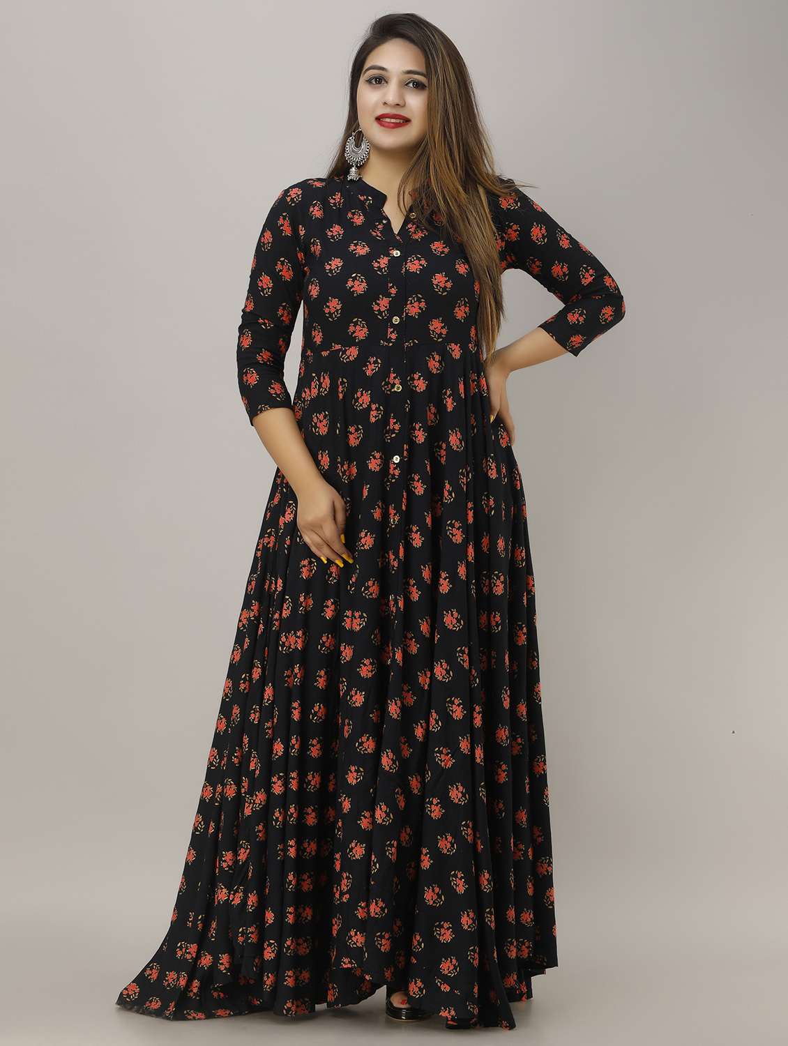 three quarter sleeved printed maxi dress