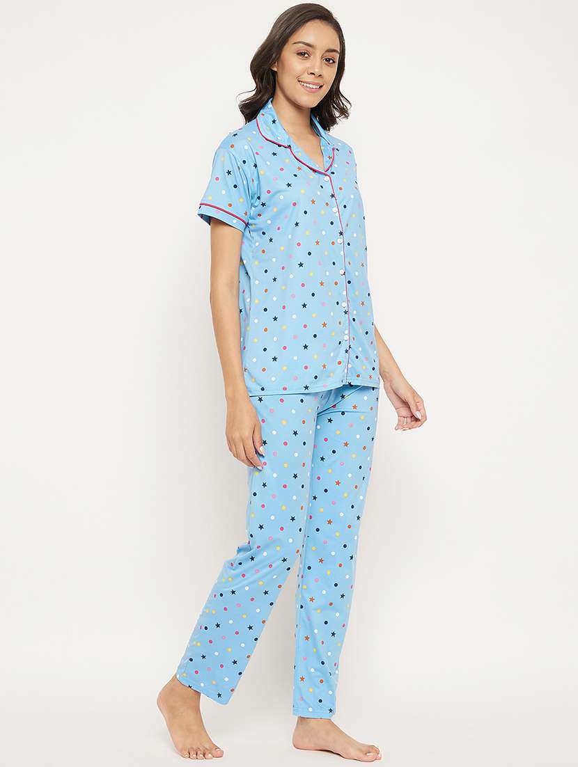 shirt collar printed nightwear pajama set - 18454417 -  Standard Image - 1