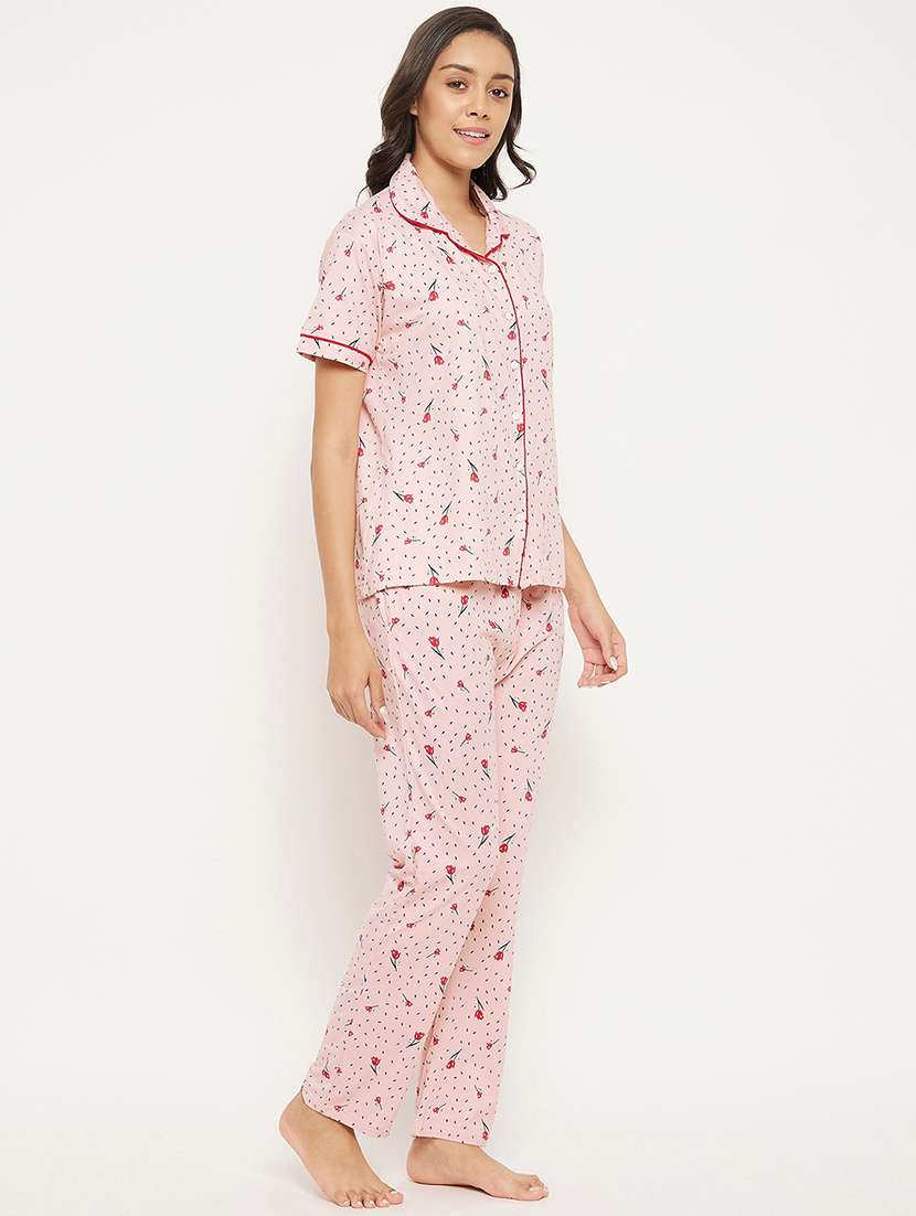shirt collar floral nightwear pajama set - 18454418 -  Standard Image - 1