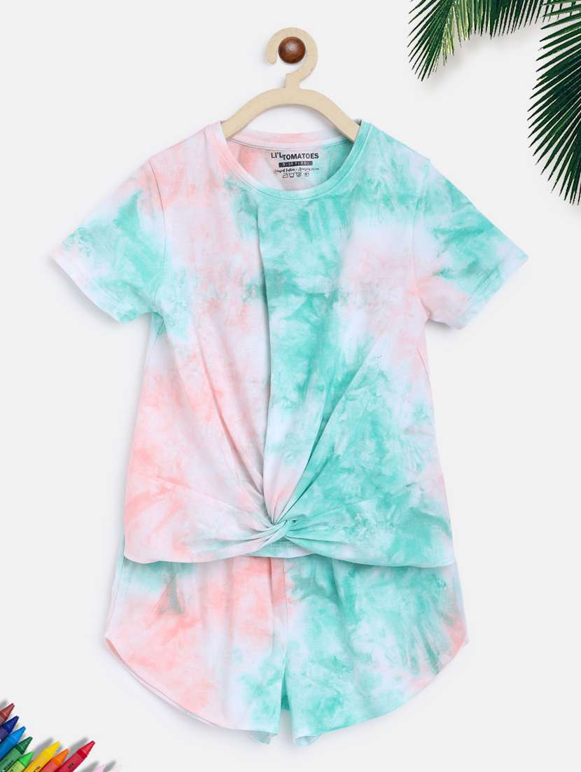 girls multi colored tie & dye shorts set