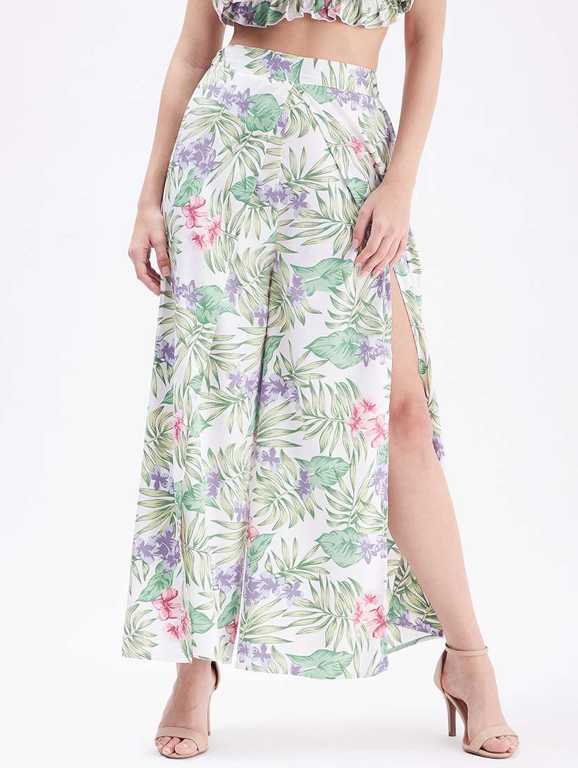 printed flat front wide leg overlap trouser