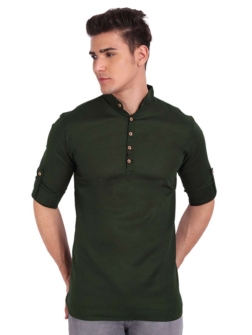 bottle green solid short kurta
