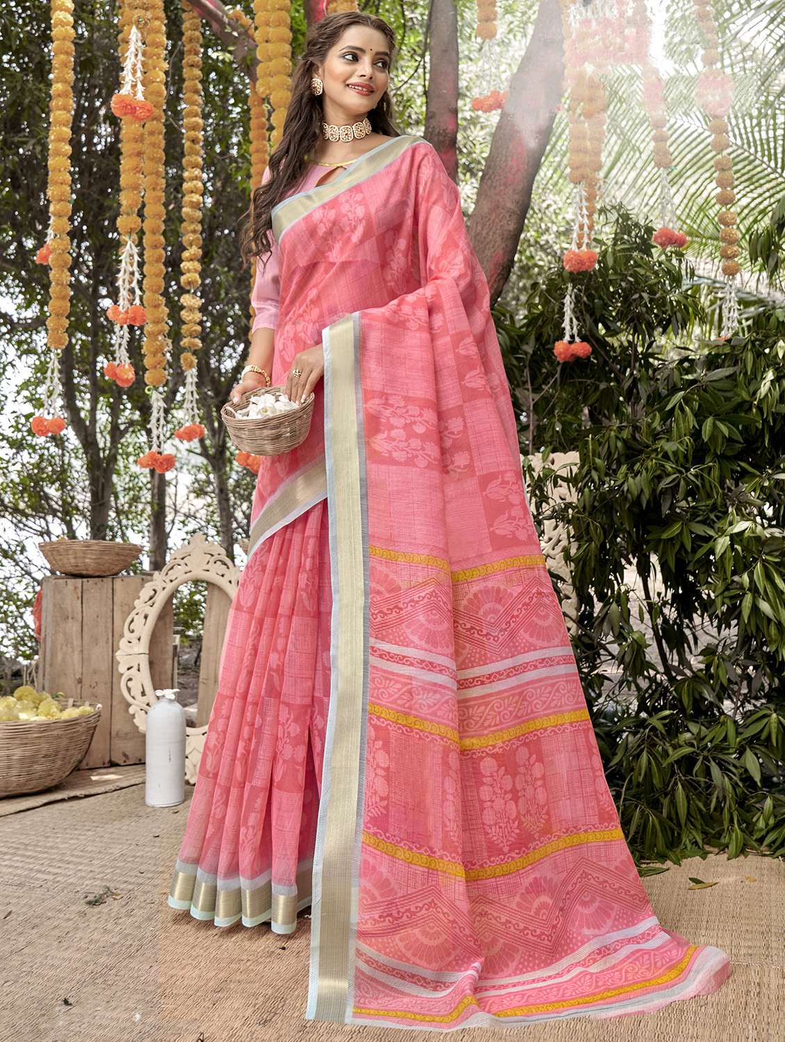 contrast bordered self design woven saree
