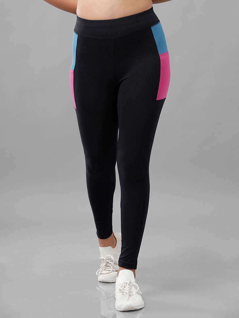 black color block ankle length active wear tights