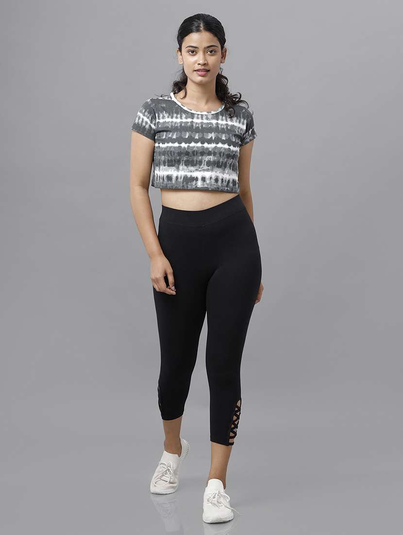 black solid ankle length active wear tights - 18454839 -  Standard Image - 4