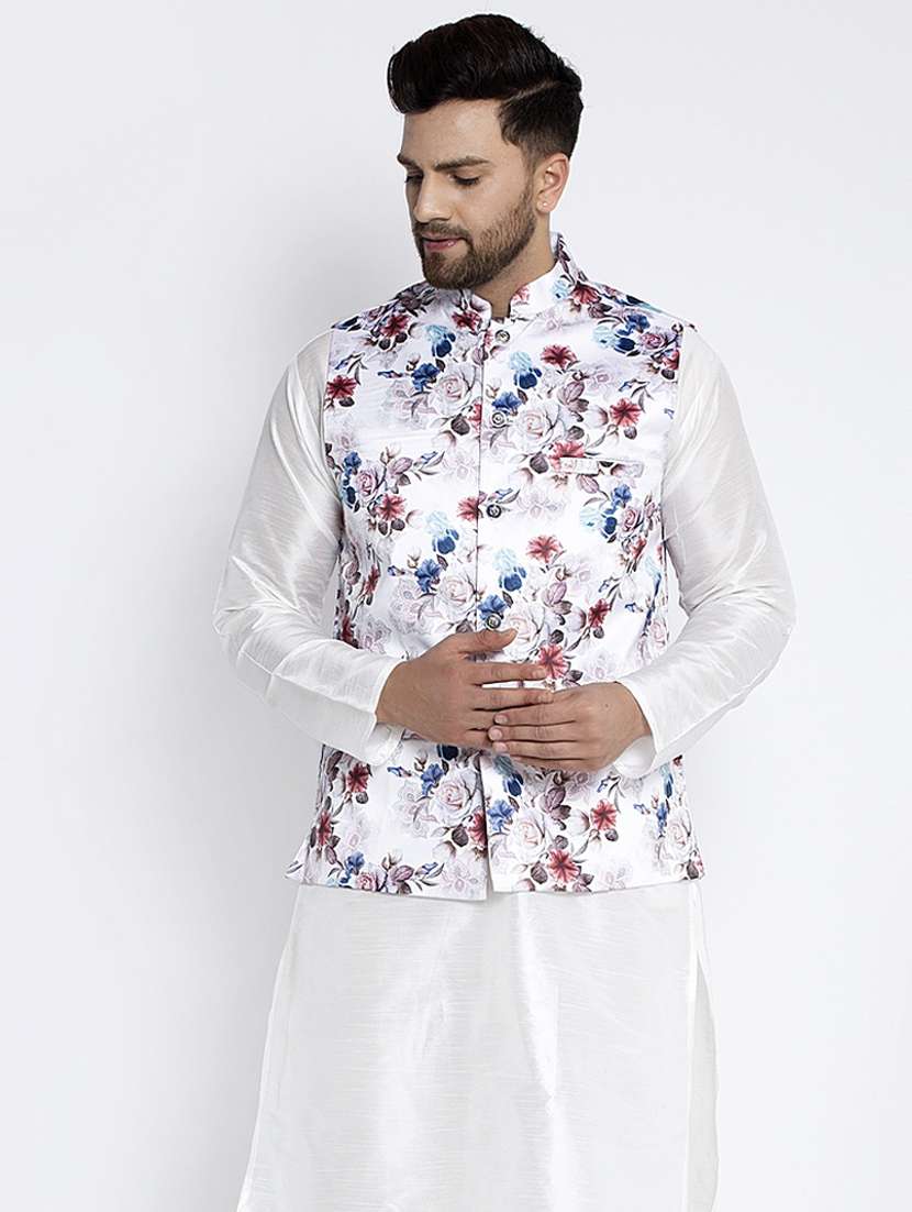 white printed nehru jacket