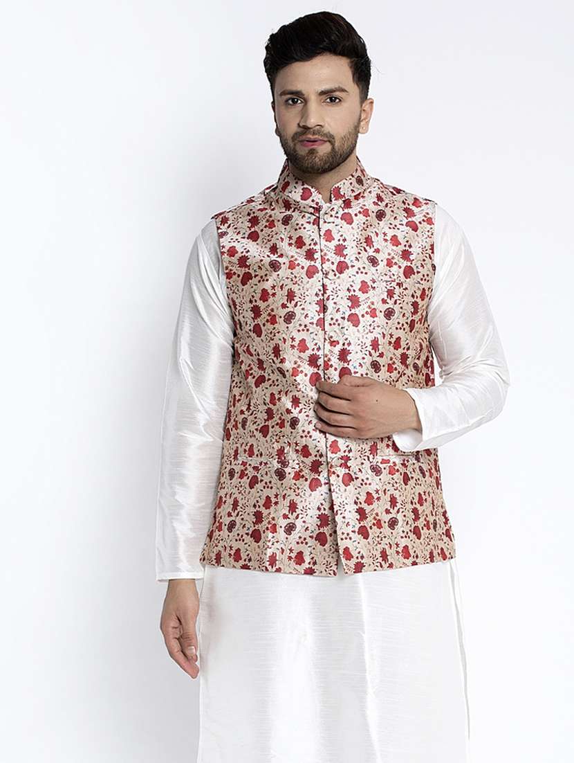 beige printed nehru jacket