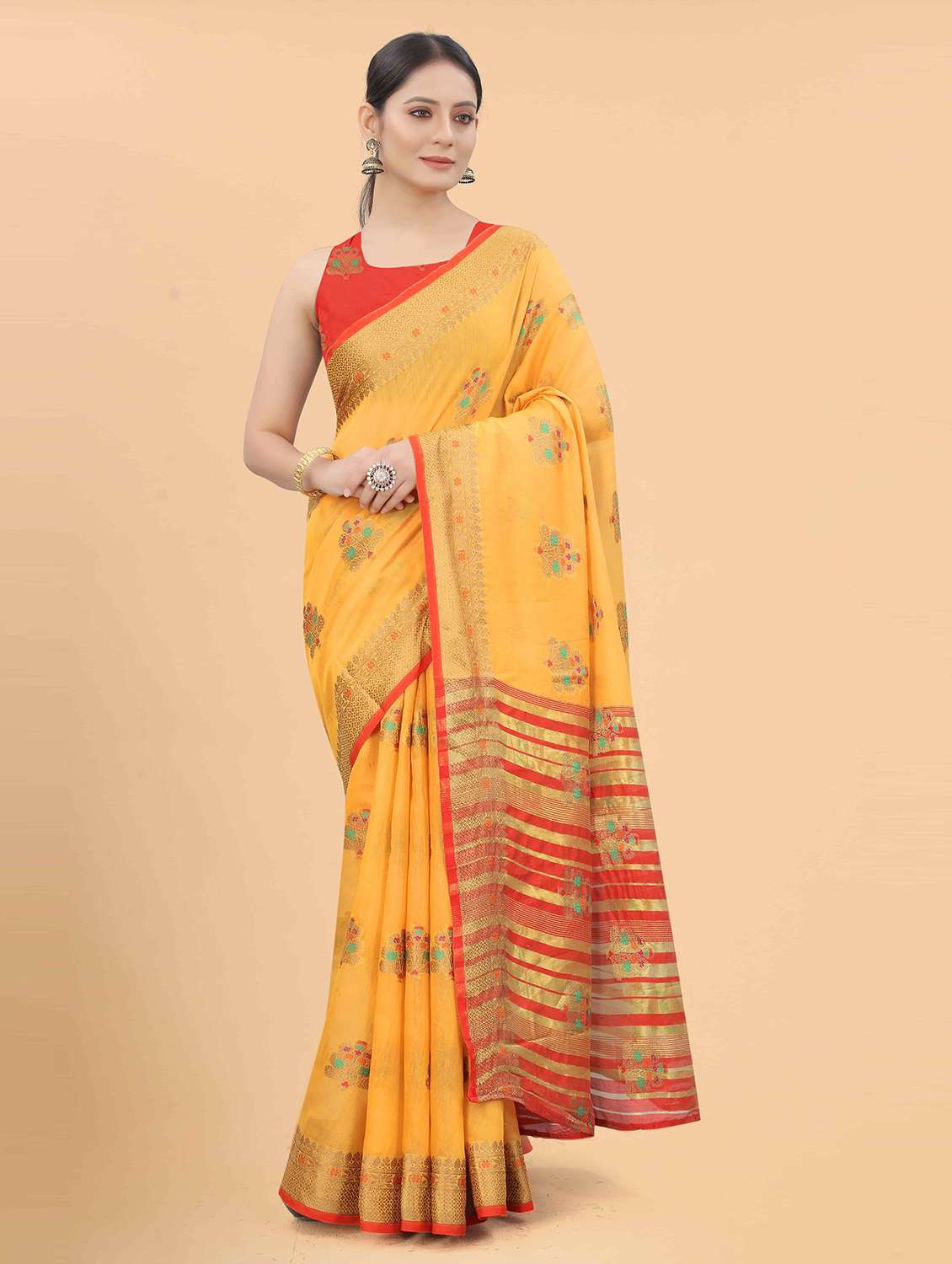 women's self design mustard colored saree