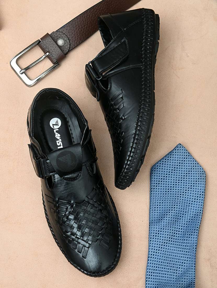 black faux leather back strap sandals