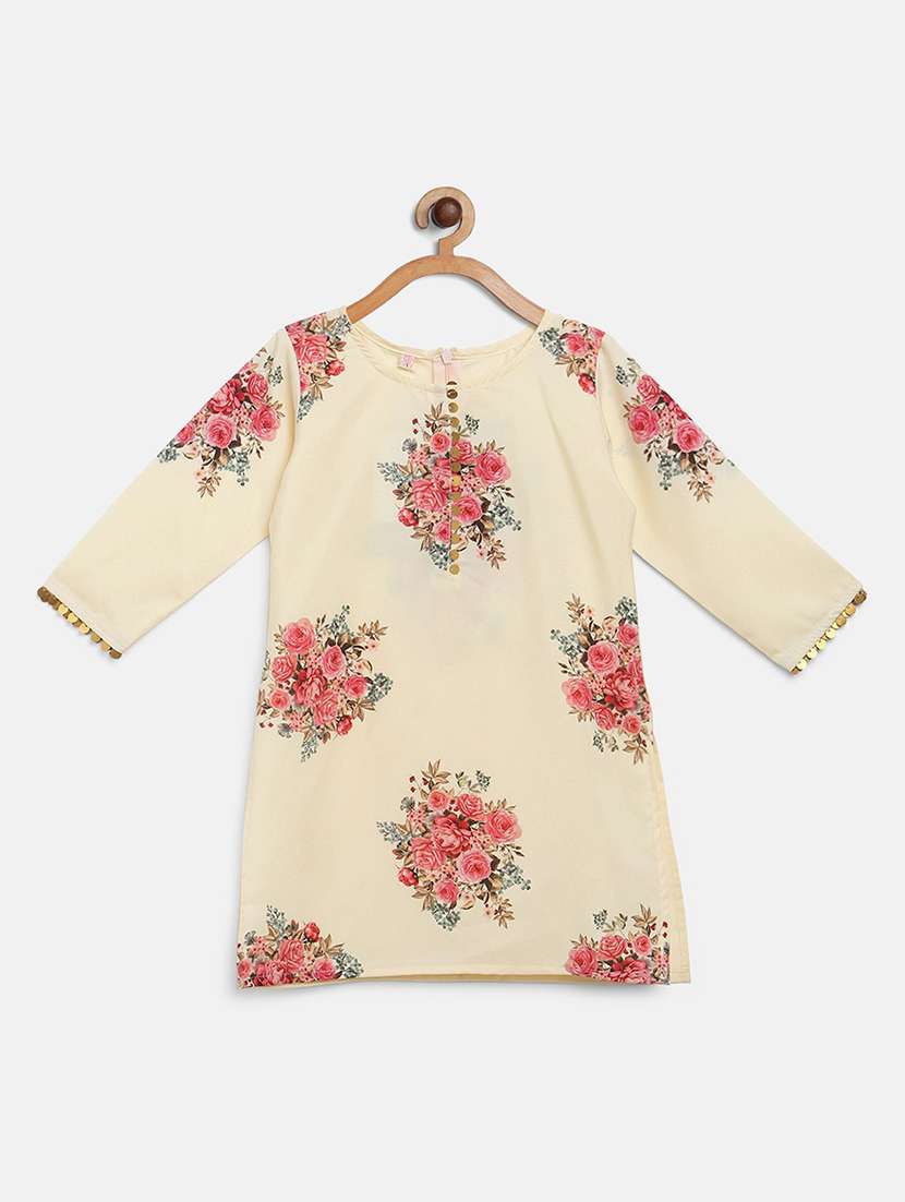 girls beige floral kurta pajama set  - 18457836 -  Standard Image - 1