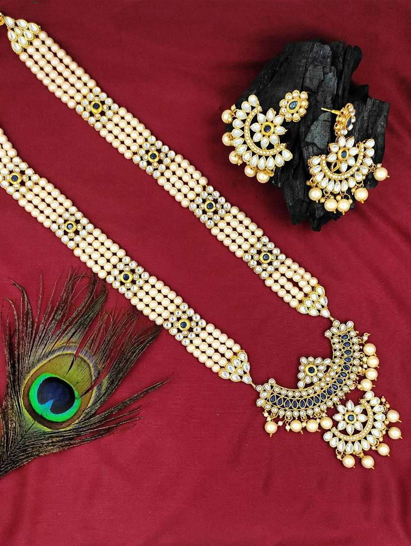  designer traditional blue long haram gold plated pearls necklace set for women
