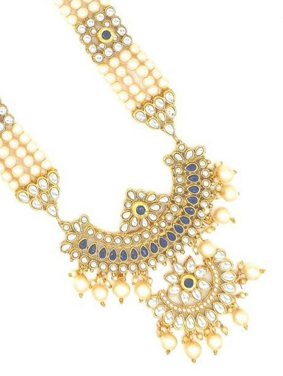 designer traditional blue long haram gold plated pearls necklace set for women - 18458365 - Standard Image - 1