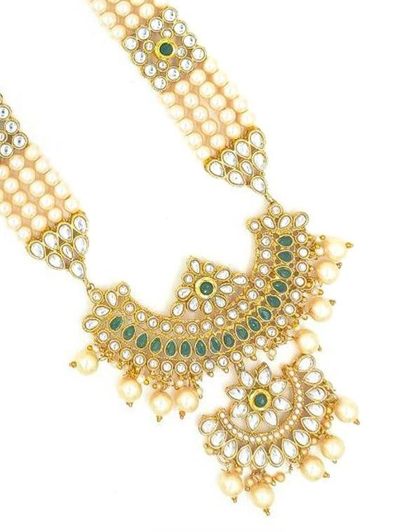  designer traditional green long haram gold plated pearls necklace set for women - 18458366 -  Standard Image - 1