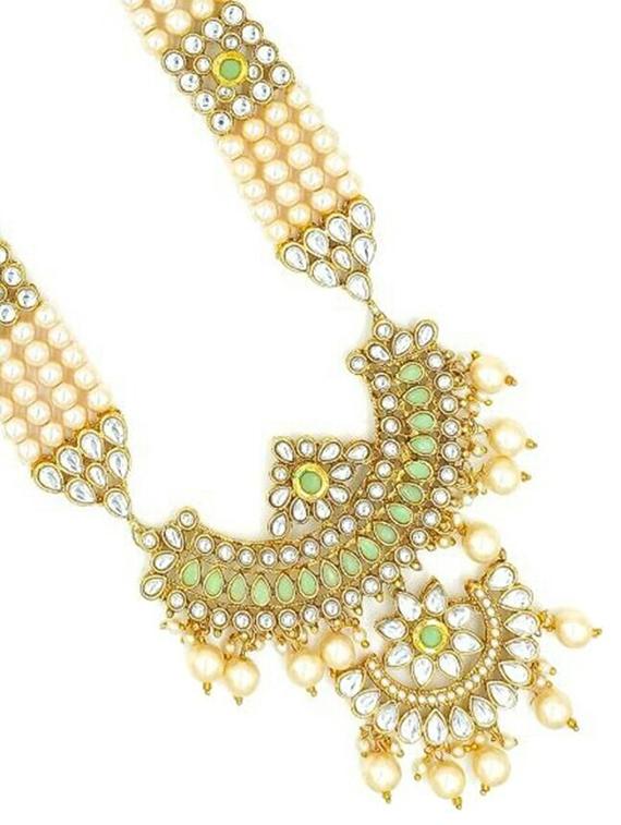 designer traditional mint long haram gold plated pearls necklace set for women - 18458368 - Standard Image - 1