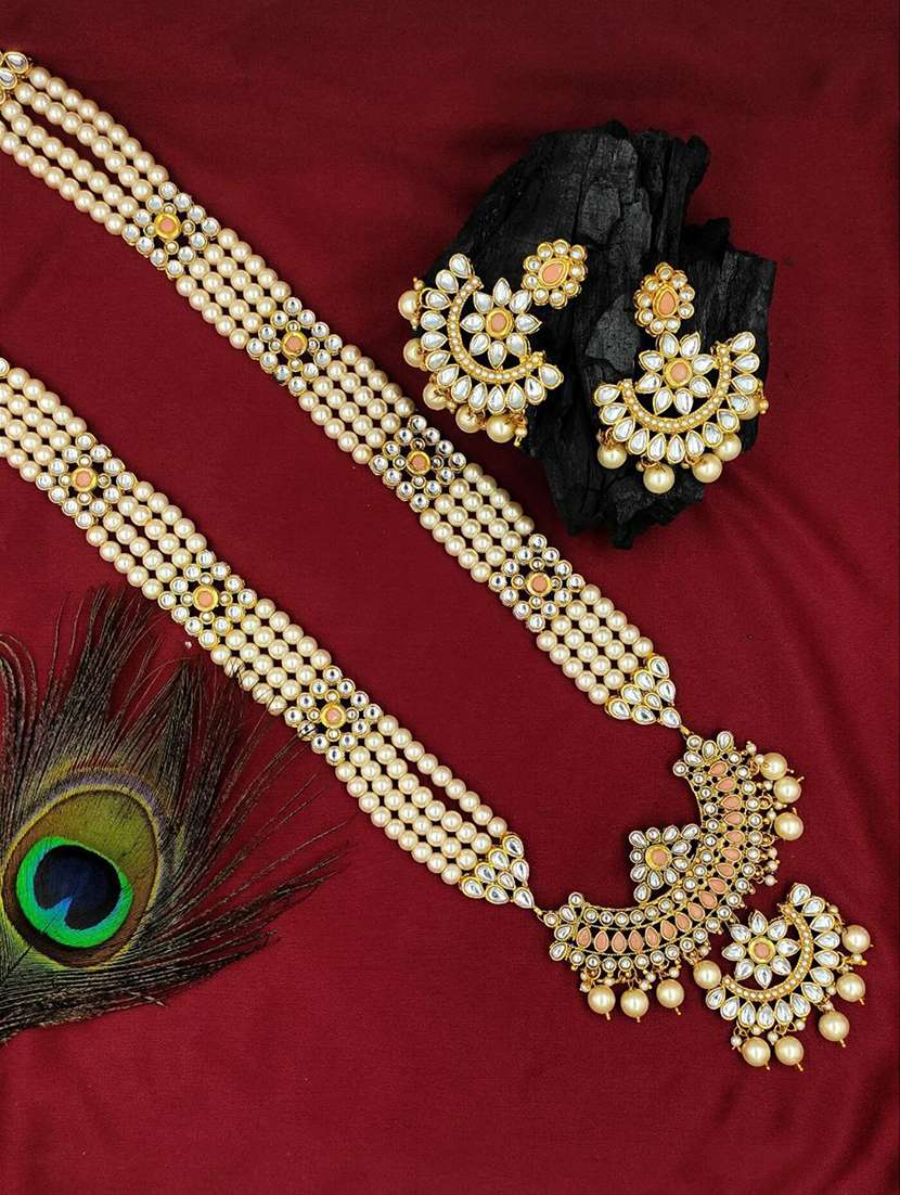  designer traditional ph long haram gold plated pearls necklace set for women
