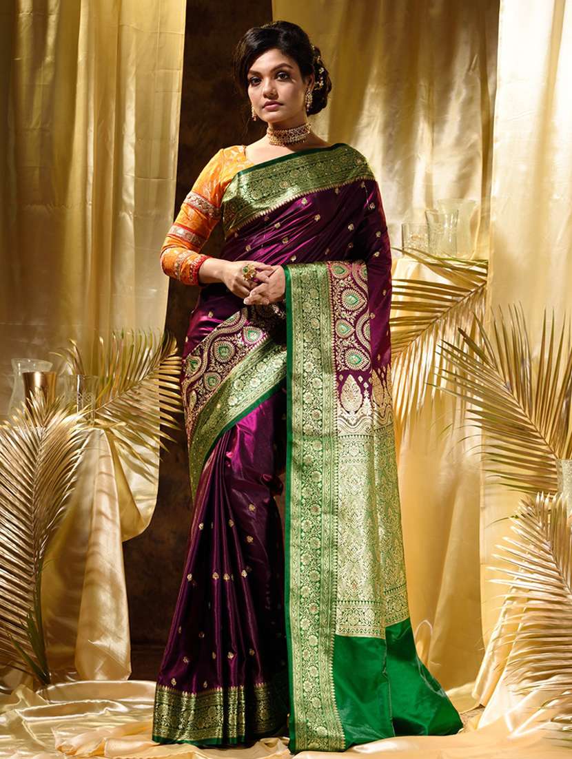 golden zari work woven saree