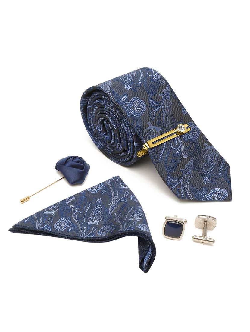 blue self design tie with pocket square & cufflinks