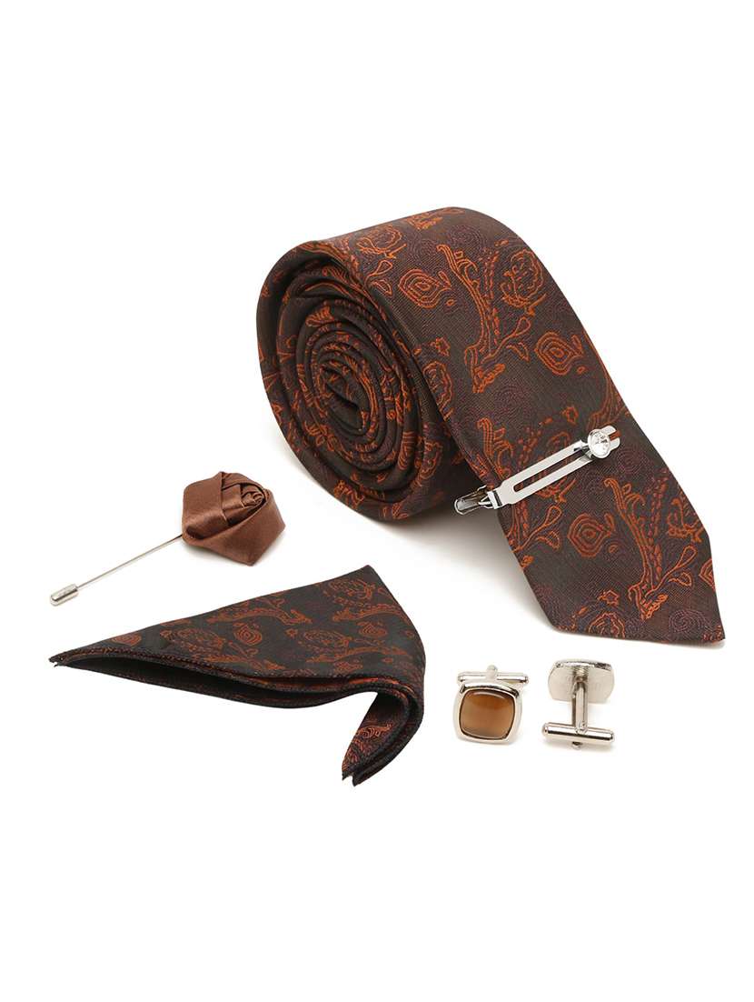 coffee brown self design tie with pocket square & cufflinks