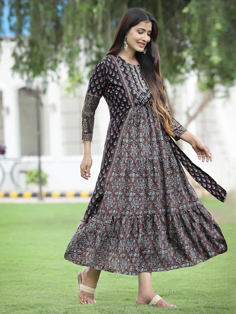 foil printed layered ethnic dress with jacket - 18458814 - Standard Image - 1