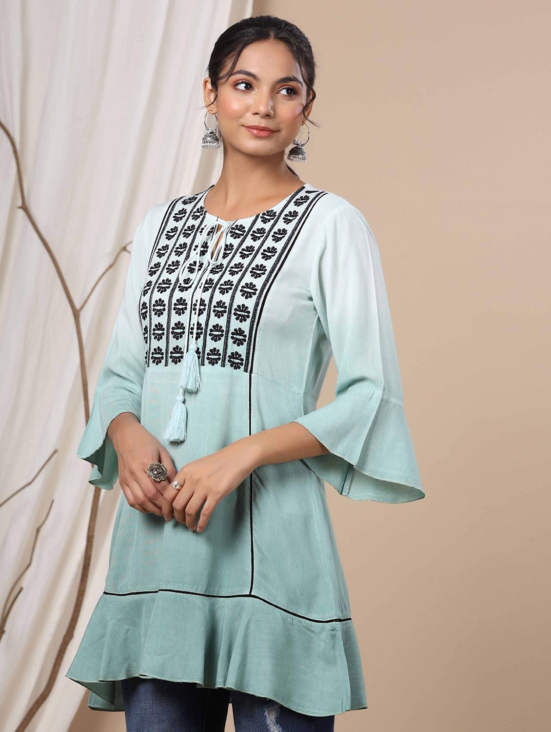 tie up neck embroidered detail tunic - 18458831 - Standard Image - 1