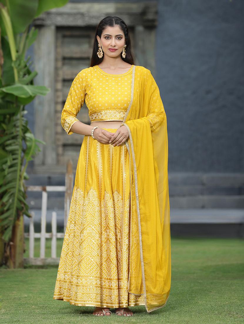 yellow foil print stitched flared lehenga choli set with dupatta - 18458840 -  Zoom Image - 0