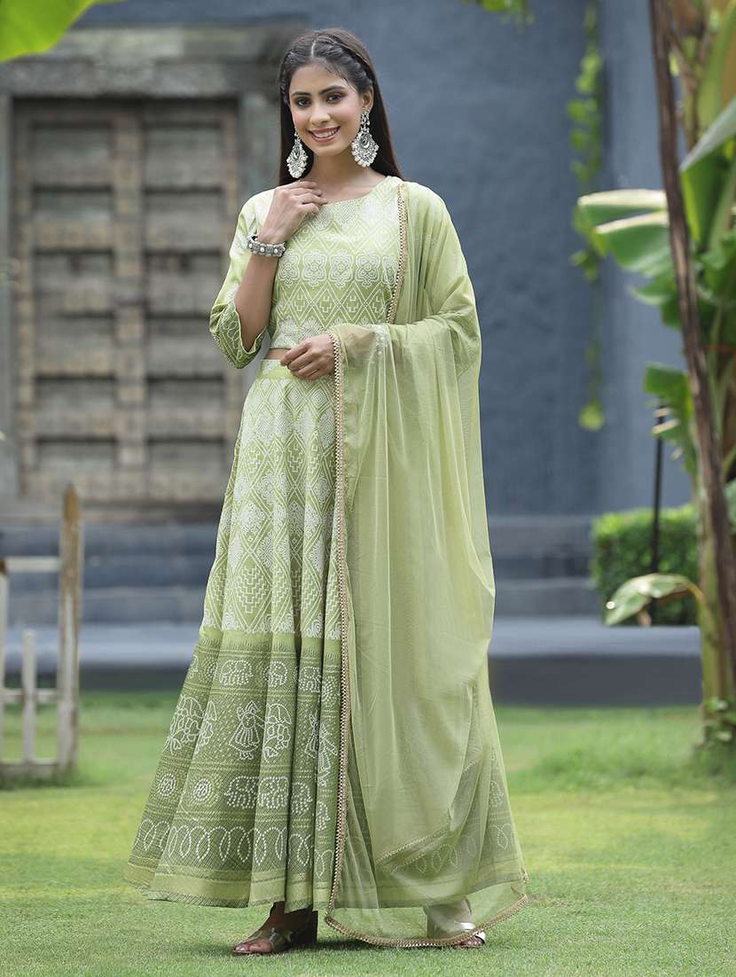 green bandhani print stitched flared lehenga choli set with dupatta