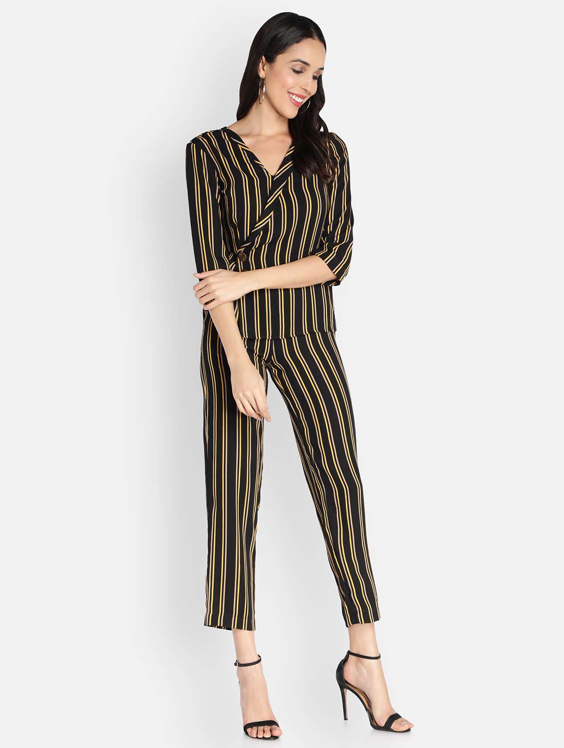 overlap neck striped full leg jumpsuit