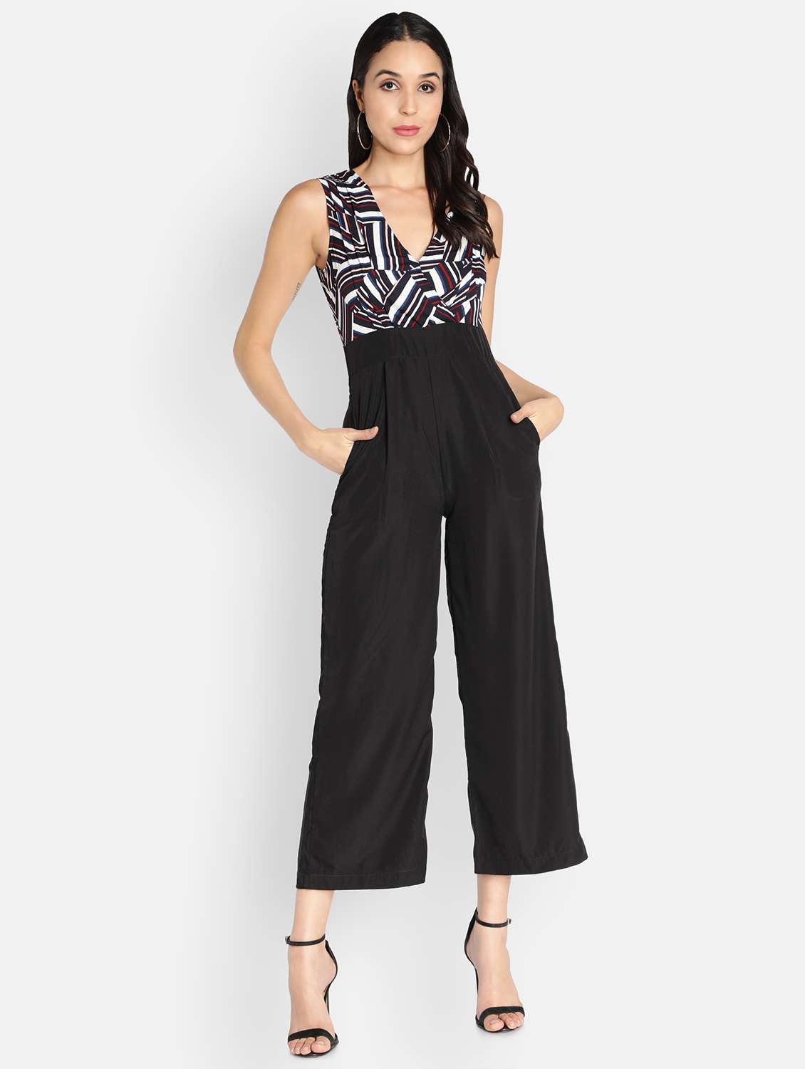 v-neck printed full leg jumpsuit