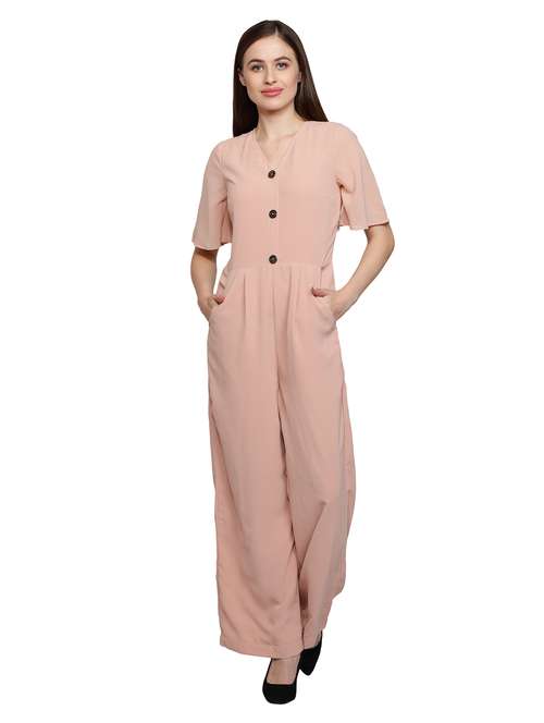 v-neck solid full leg jumpsuit - 18458963 -  Standard Image - 0