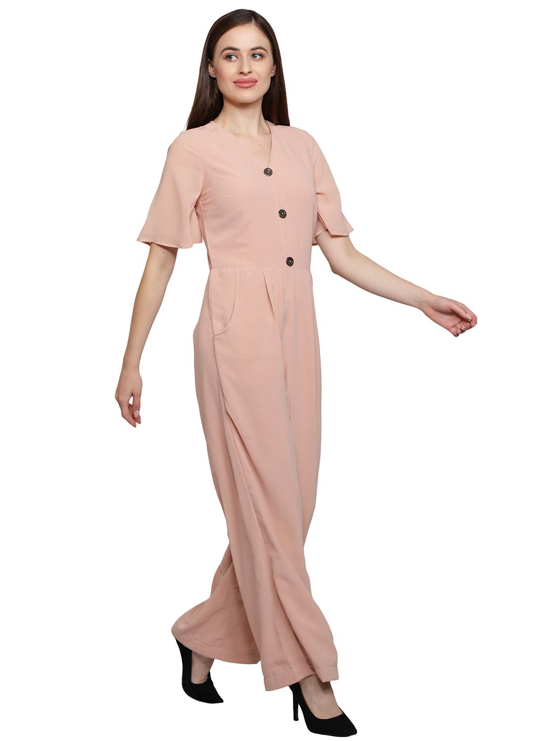 v-neck solid full leg jumpsuit - 18458963 -  Standard Image - 1