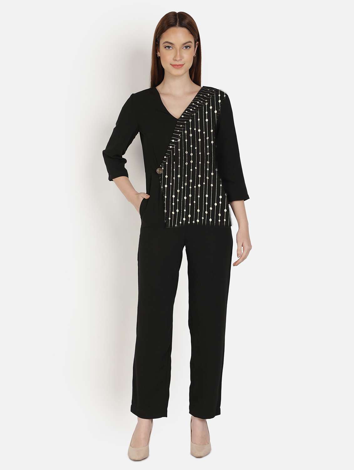 overlap neck printed full leg jumpsuit