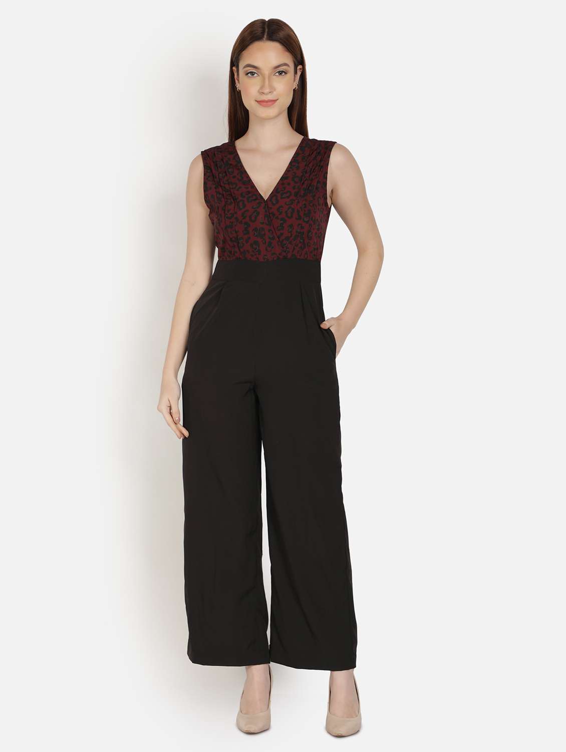 overlap neck animal print full leg jumpsuit