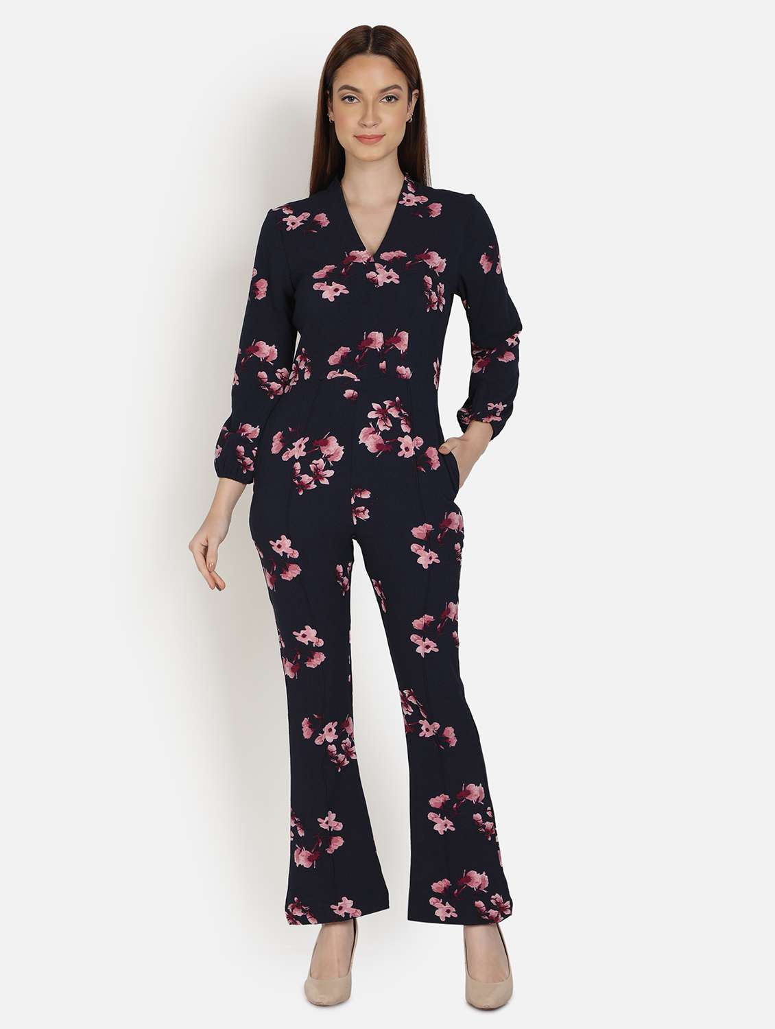 v-neck floral full leg jumpsuit