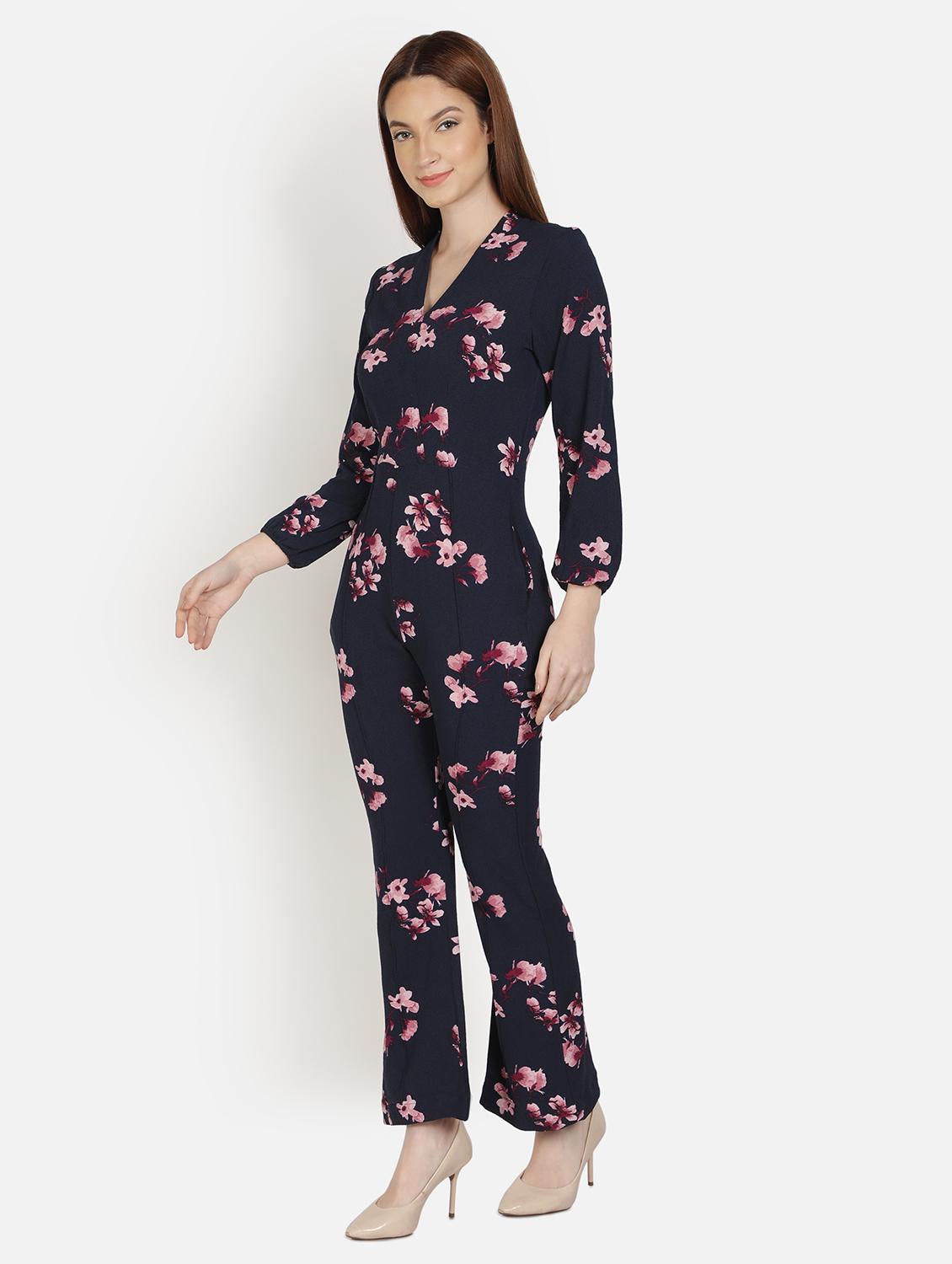 v-neck floral full leg jumpsuit - 18458967 - Standard Image - 1
