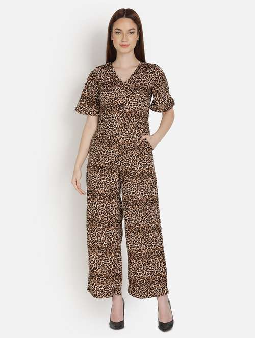 v-neck animal print full leg jumpsuit