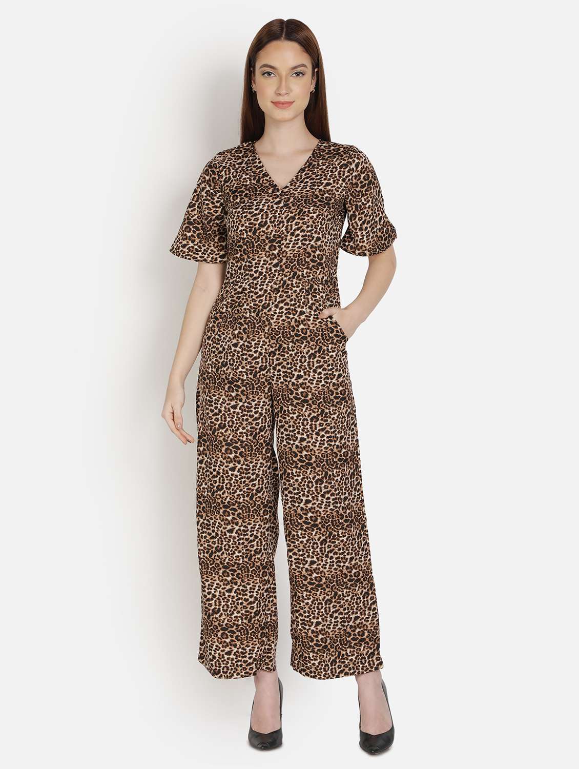 v-neck animal print full leg jumpsuit
