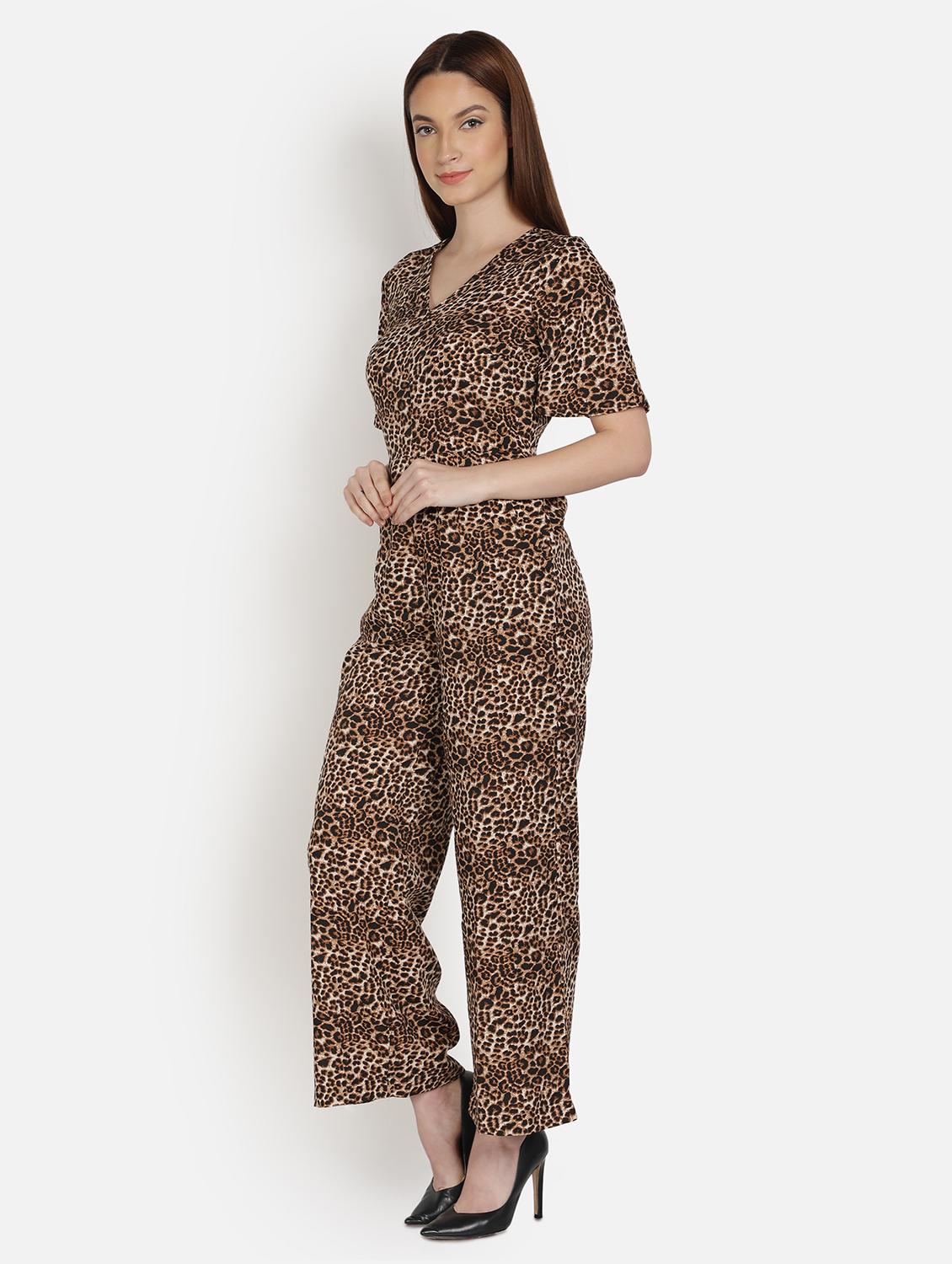 v-neck animal print full leg jumpsuit - 18458968 - Standard Image - 1