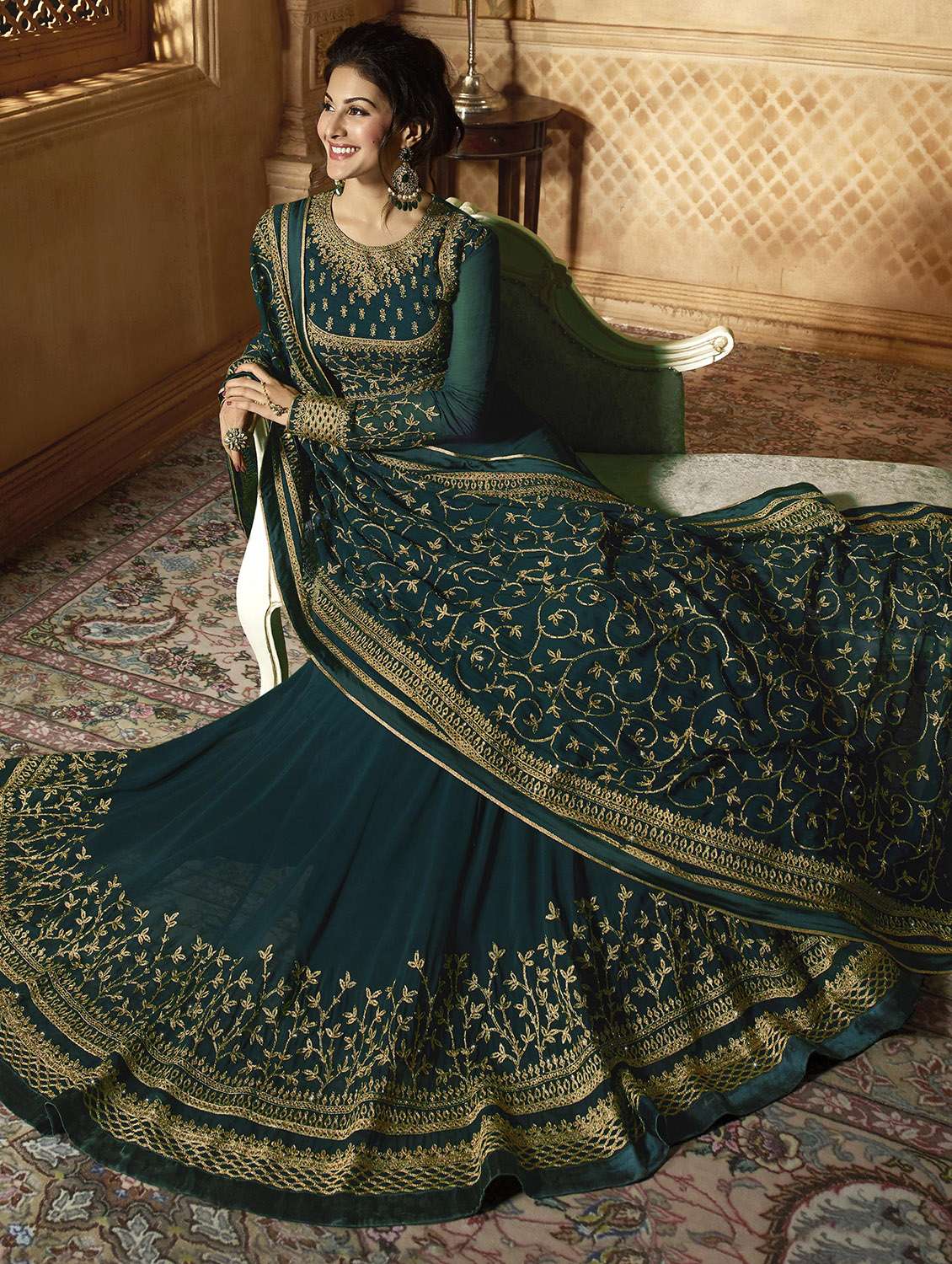 embroidered semi-stitched flared suit set - 18459896 - Standard Image - 1