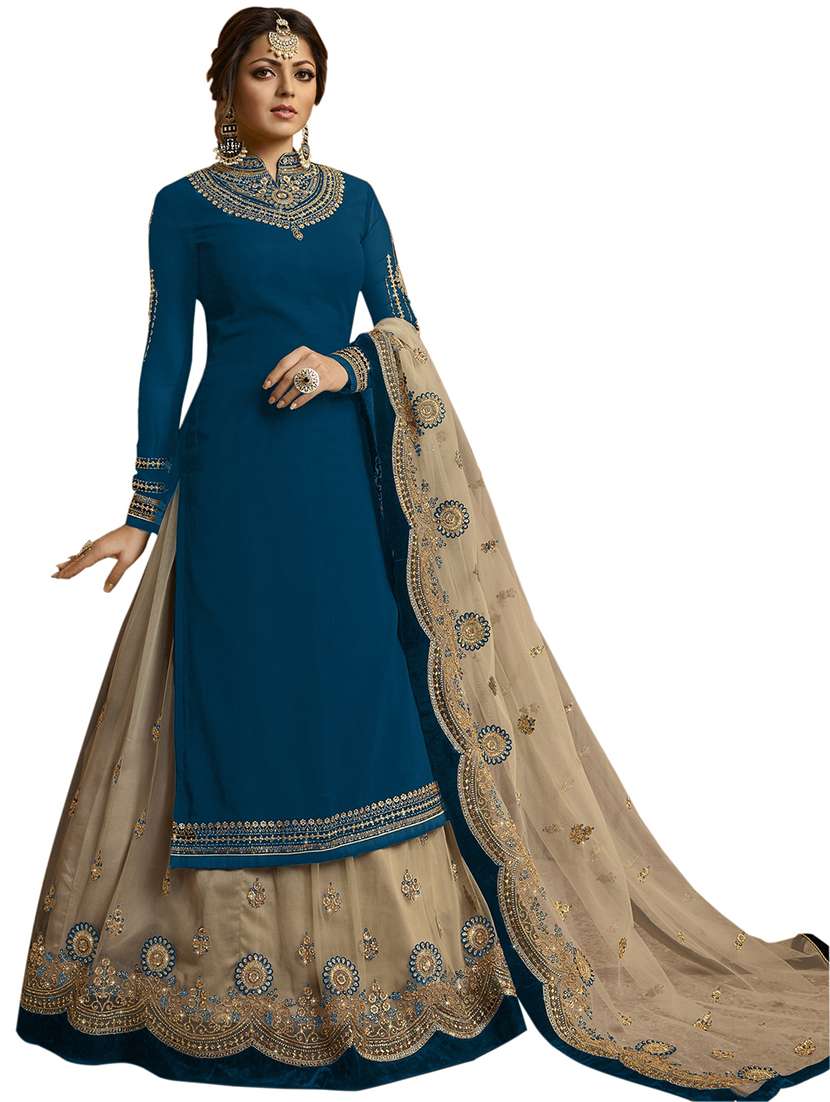 teal embroidered semi-stitched kurta skirt suit set