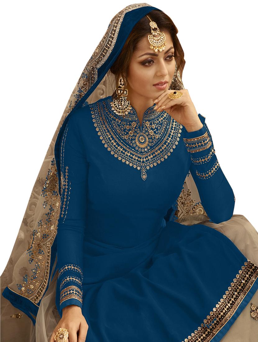 teal embroidered semi-stitched kurta skirt suit set - 18462582 -  Standard Image - 1