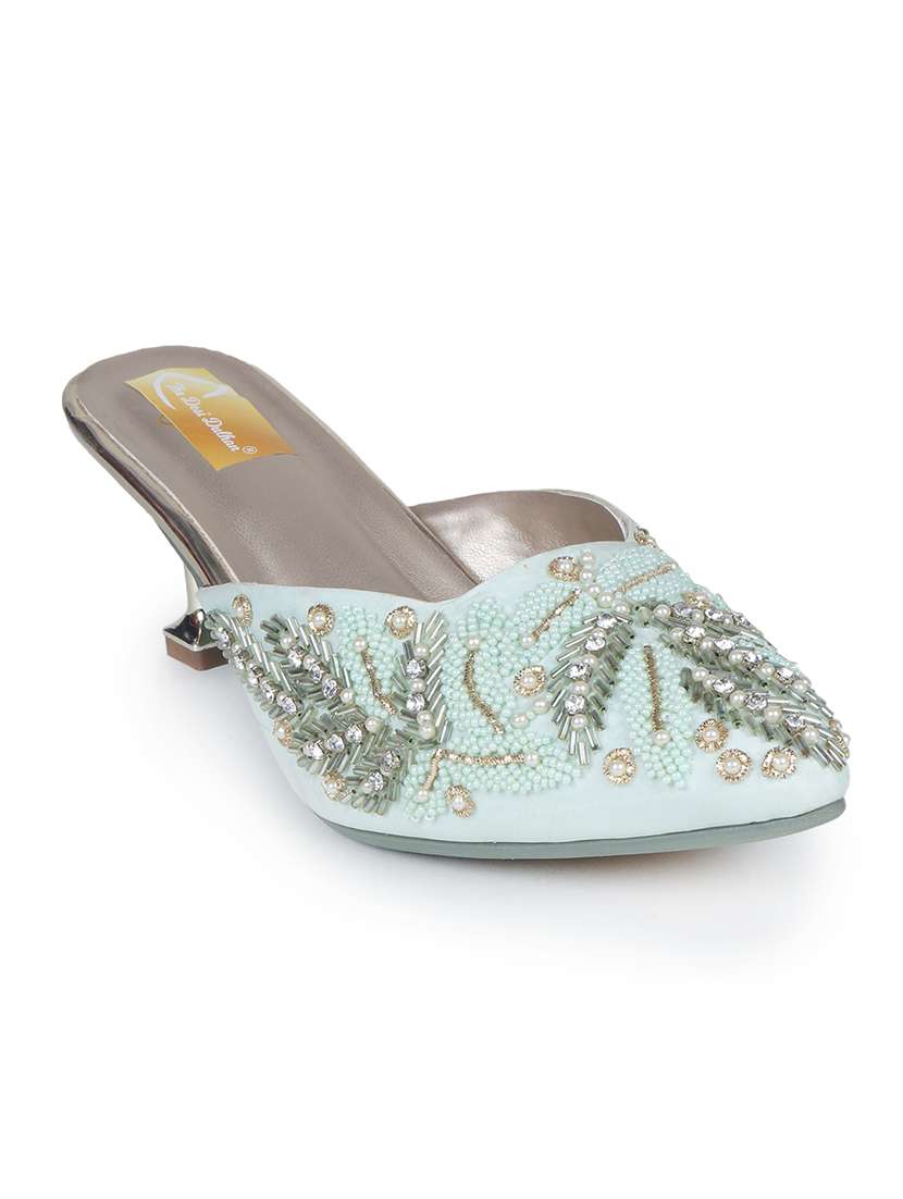 women light green & silver-toned embellished kitten heels - 18463368 - Standard Image - 1