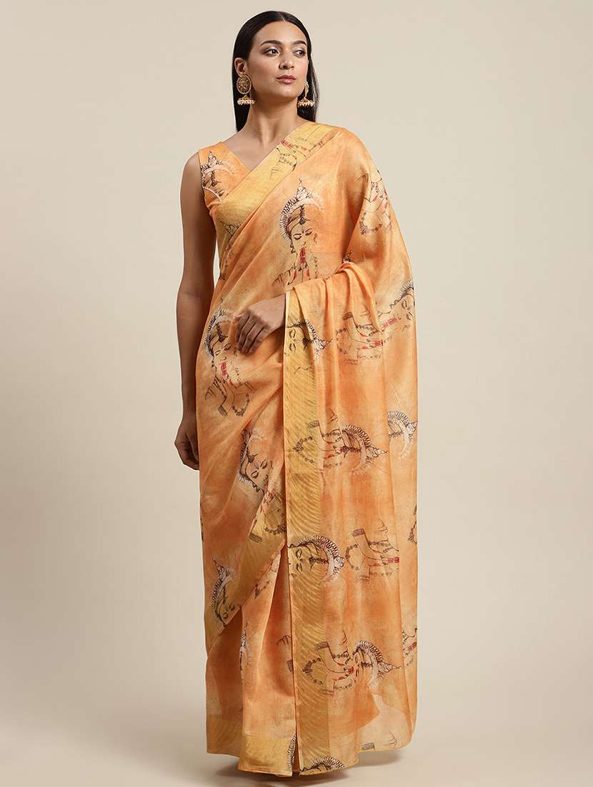 orange chanderi printed saree with blouse