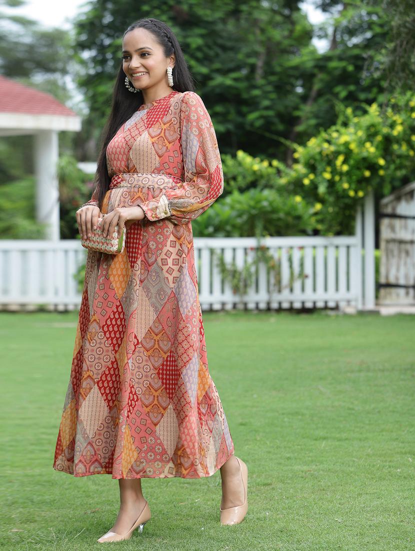 printed flared ethnic dress - 18465709 - Standard Image - 1