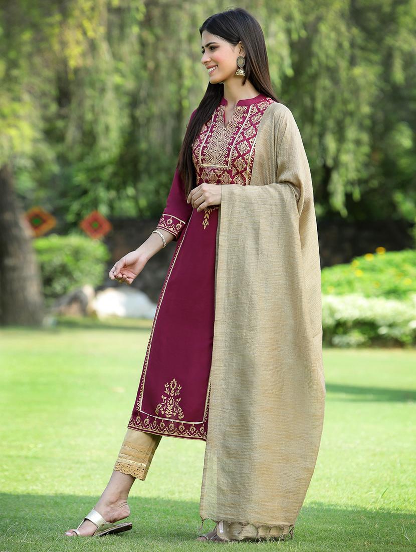 women three quarter sleeve kurta pant with dupatta set - 18465724 - Standard Image - 1