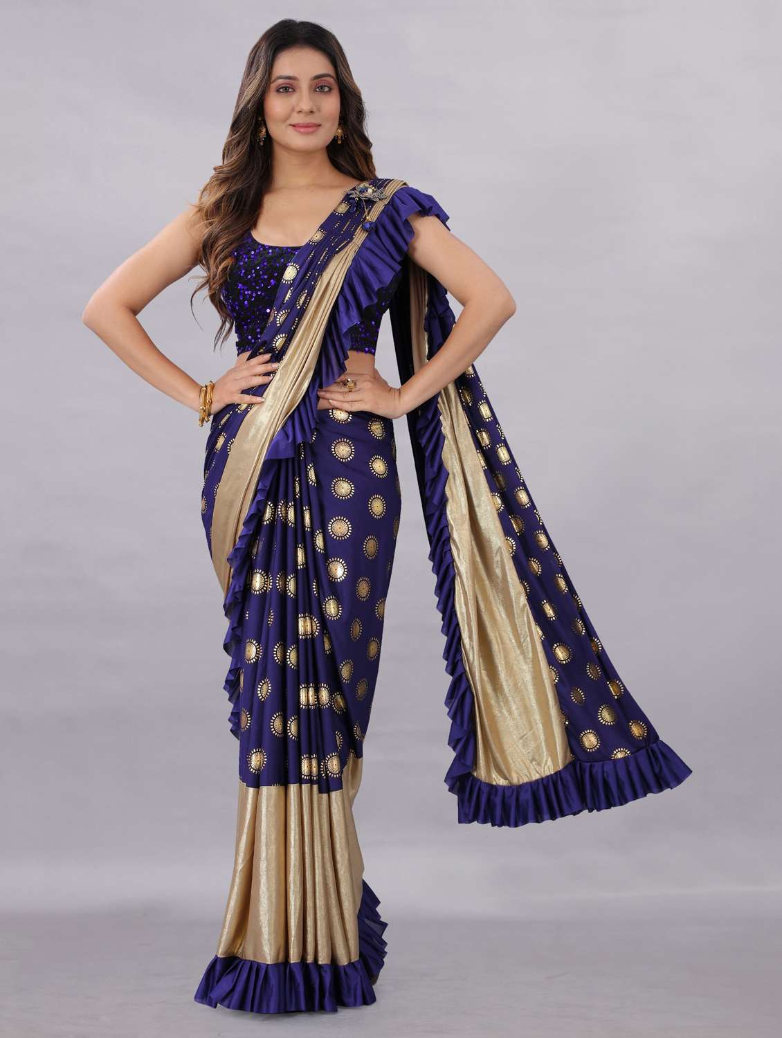 foil print sequence embroidered saree with blouse