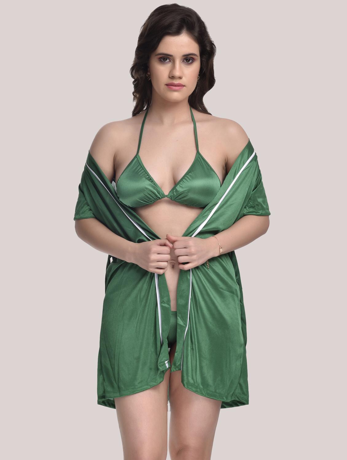 tie front solid robe with bra & panty set - 18466678 - Standard Image - 1