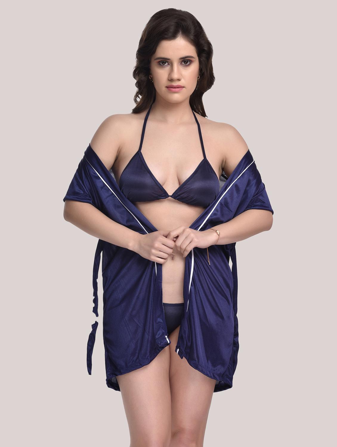 tie front solid robe with bra & panty set - 18466680 - Standard Image - 1