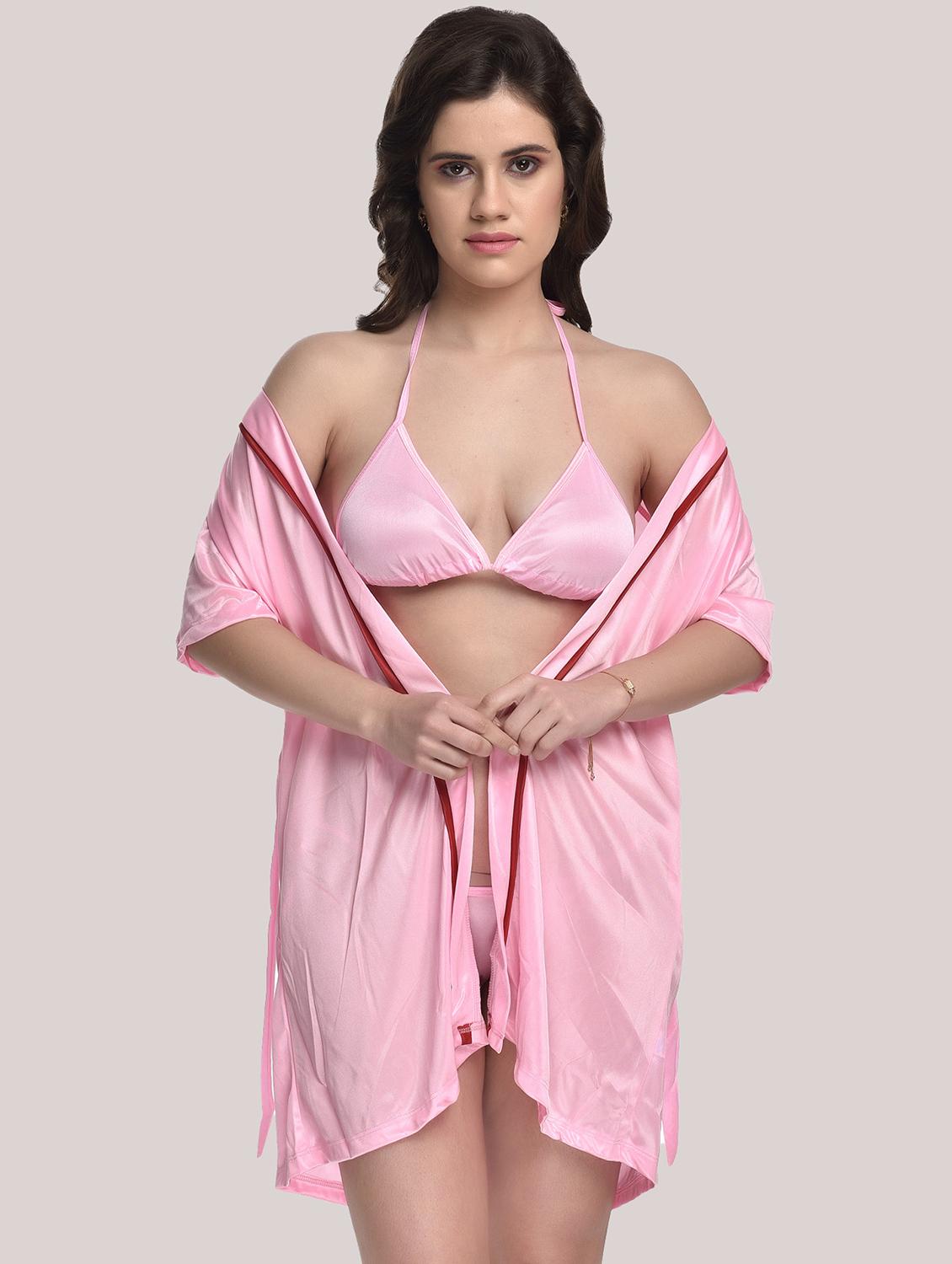 tie front solid robe with bra & panty set - 18466681 - Standard Image - 1